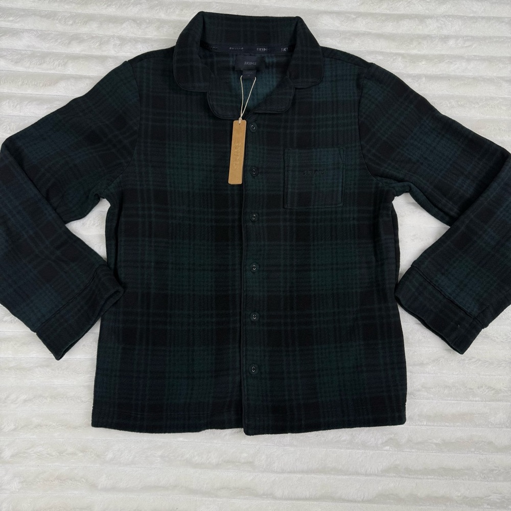 NWT  SKIMS Unisex Fleece Kids Plaid Sleep Shirt Funnel Cypress Size 10